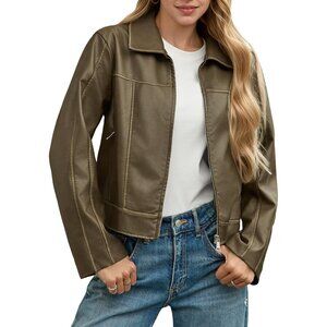 Women's Faux Leather Jacket Zip Up Motorcycle Long Sleeve with Pocket Army Green
